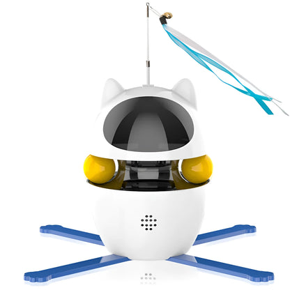 White automatic motion sensor cat toy with elastic rope wand extended