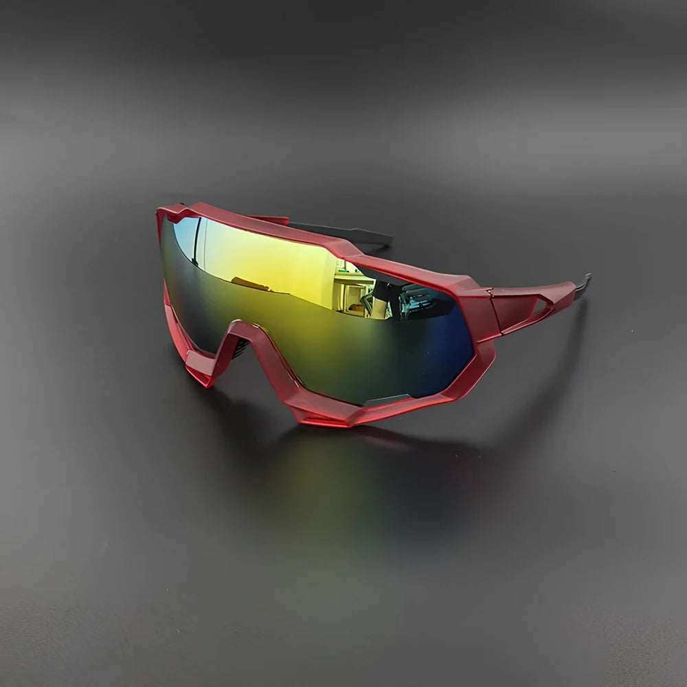 Cycling glasses with interchangeable lenses showing UV400 protection and lightweight frame design