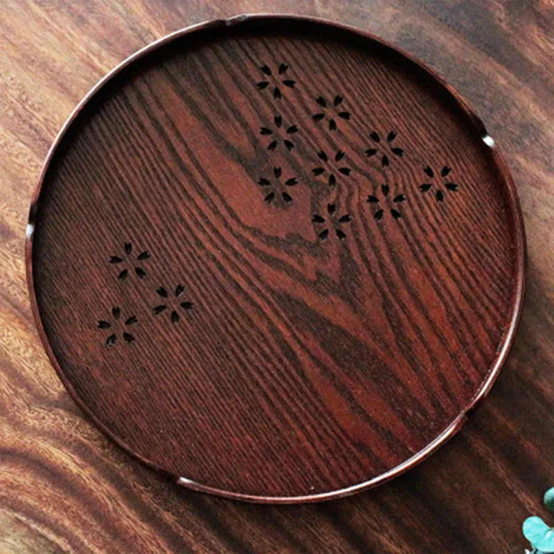 Wooden Japanese dessert plate with hollow cherry blossom pattern, 30cm diameter
