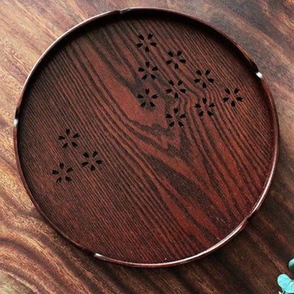 Wooden Japanese dessert plate with hollow cherry blossom pattern, 30cm diameter