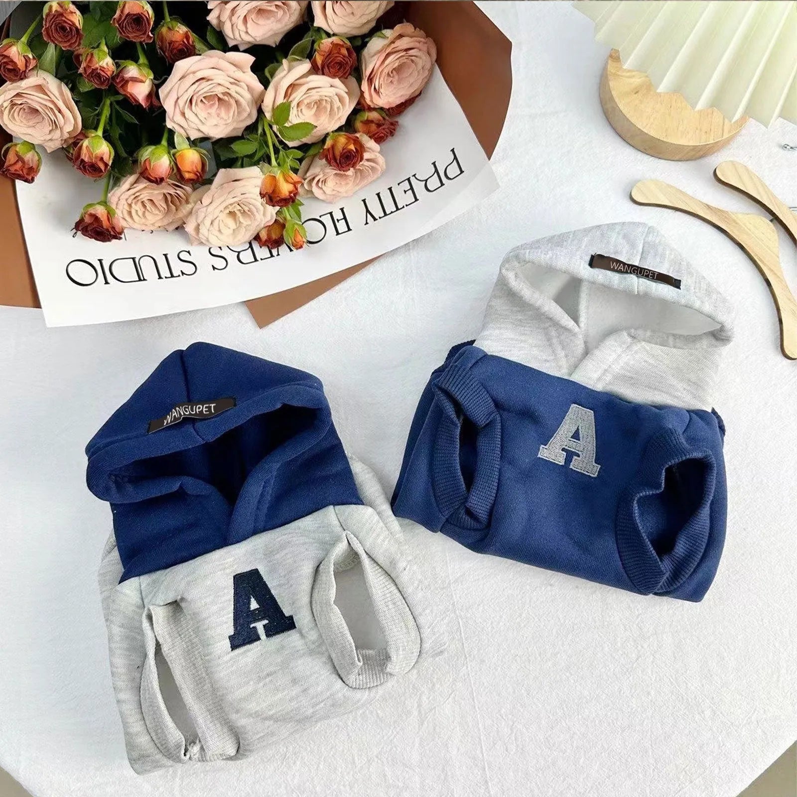 Blue and grey white slim-fit pet hoodie with reflective letters for dogs and cats.