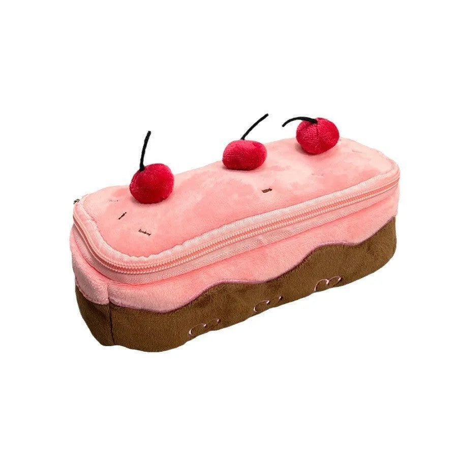 Cherry Cake plush pencil bag in velvet with zip closure, measuring 20cm long