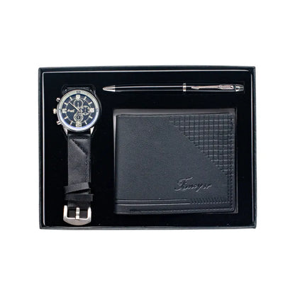 Creative Holiday Gift Wallet Pen Watch Set in brown or black with OPP gift box, showing wallet, pen, and watch for business and personal gifting