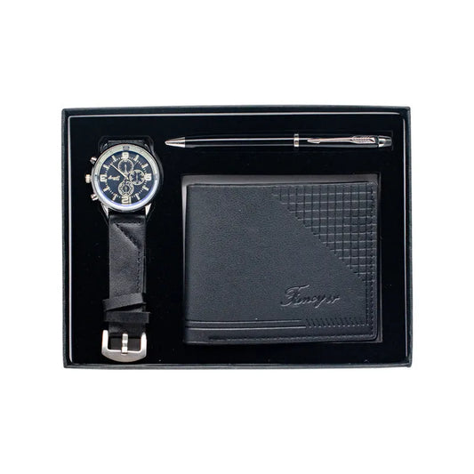 Creative Holiday Gift Wallet Pen Watch Set in brown or black with OPP gift box, showing wallet, pen, and watch for business and personal gifting
