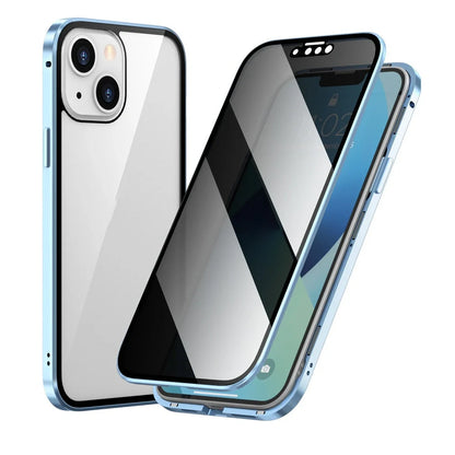 Fashion Personality Magneto Glass Metal Phone Case showing double-sided explosion-proof glass and metal frame for iPhone protection