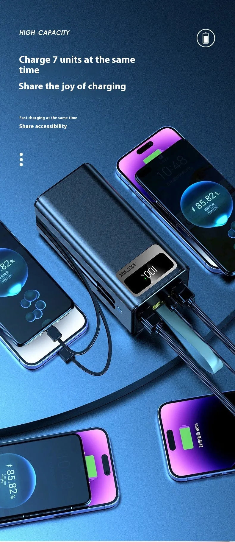 Large capacity portable power bank in Samurai Black or Knight White with fast charging double line, 168x70x54mm