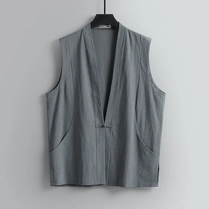 Men's solid colour linen sleeveless vest in loose fit for summer wear