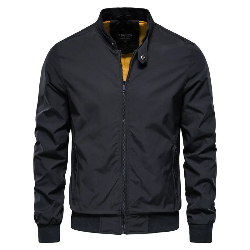 Men's thin polyester jacket in dark blue, black, or army green with continental sizing from S to XXL for casual wear.