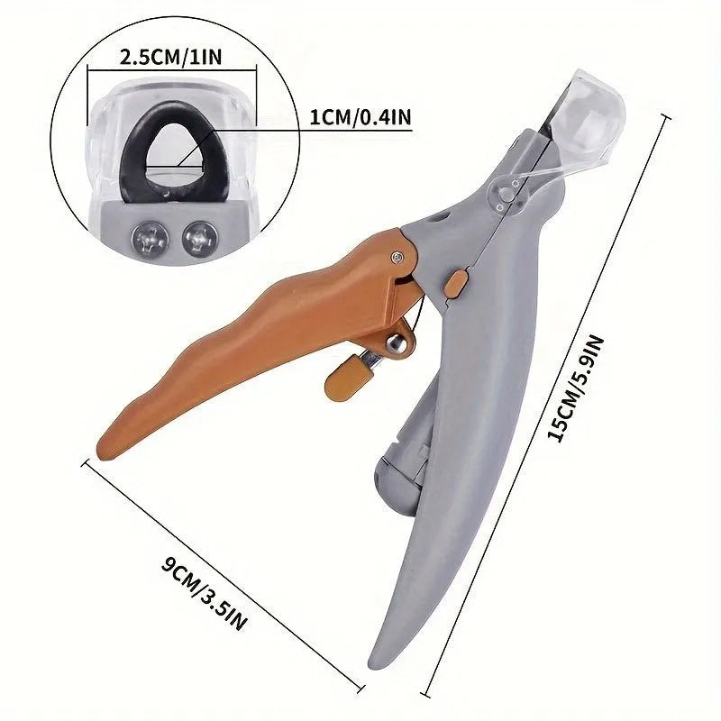 Yellow pet nail trimmer with LED lights, magnifying glass, and comfortable grip for dogs and cats