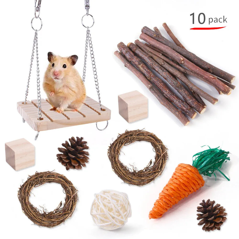 Assortment of wooden and natural fibre chew toys for small pets including balls, rings and woven shapes.