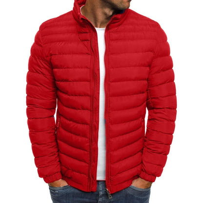 Warm padded winter jacket for men in various solid colors, featuring zippered pockets and a loose, comfortable fit for easy layering.