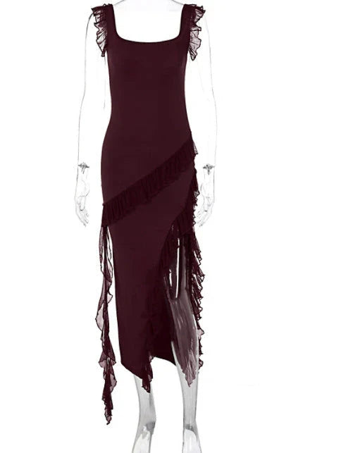 Chic spaghetti strap maxi dress with thigh-high slit in various colors