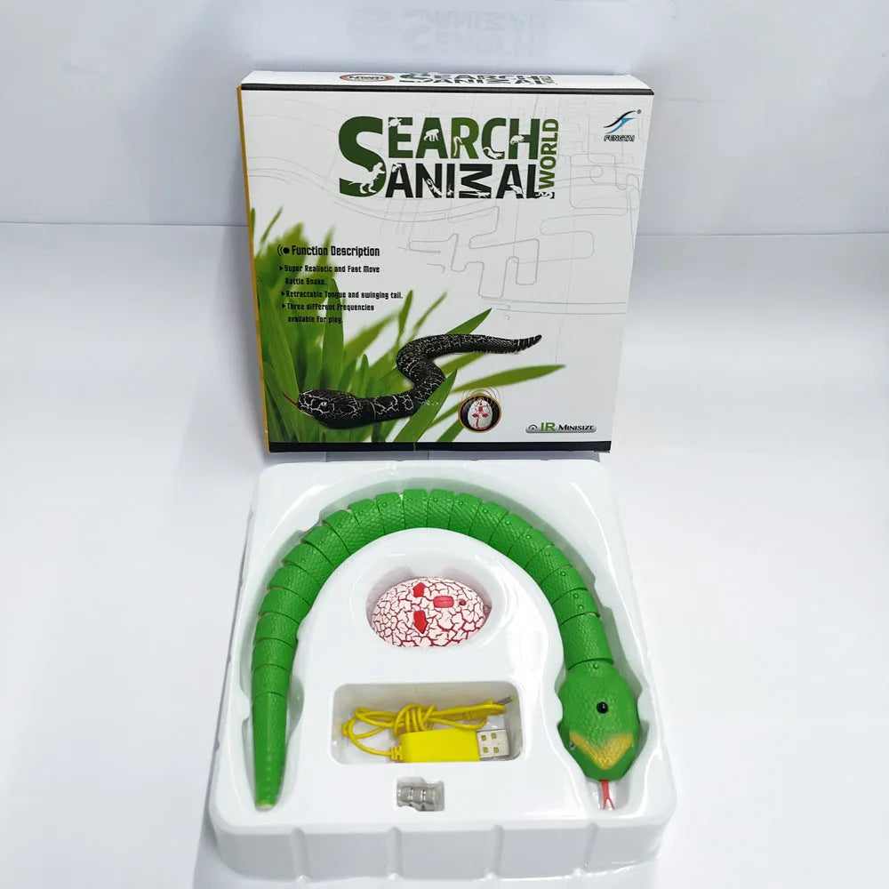 Smart sensing electronic snake cat toy with segmented body for realistic slithering motion on floor.