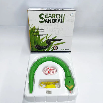 Smart sensing electronic snake cat toy with segmented body for realistic slithering motion on floor.