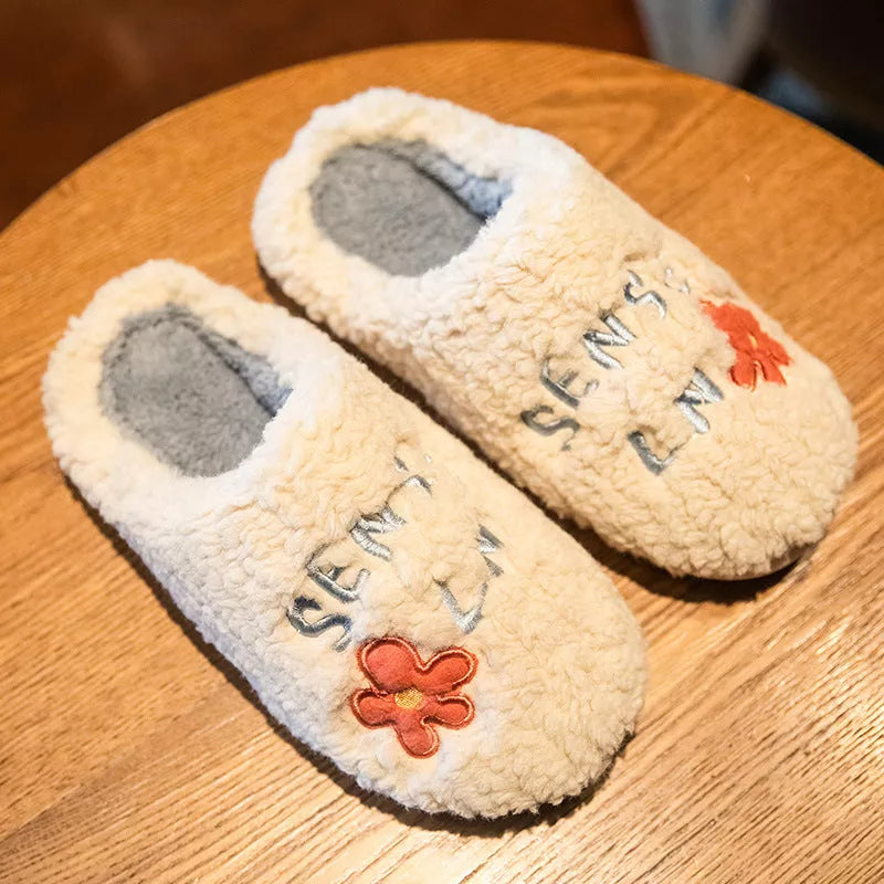 Ins Cute Flower Fleece Slippers for Women - Winter Warm Indoor Non-slip Plush Shoes in various colors