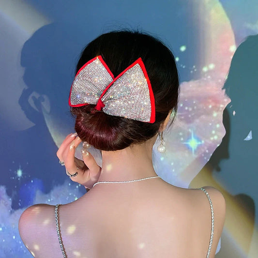 Korean style bowknot hairband with rhinestone accents in black, white, and red