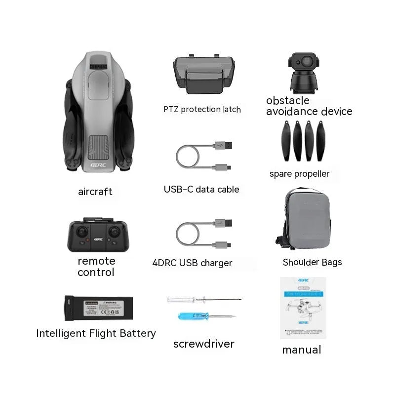 White foldable brushless quadcopter drone with 4K camera shown with remote control and carry case.