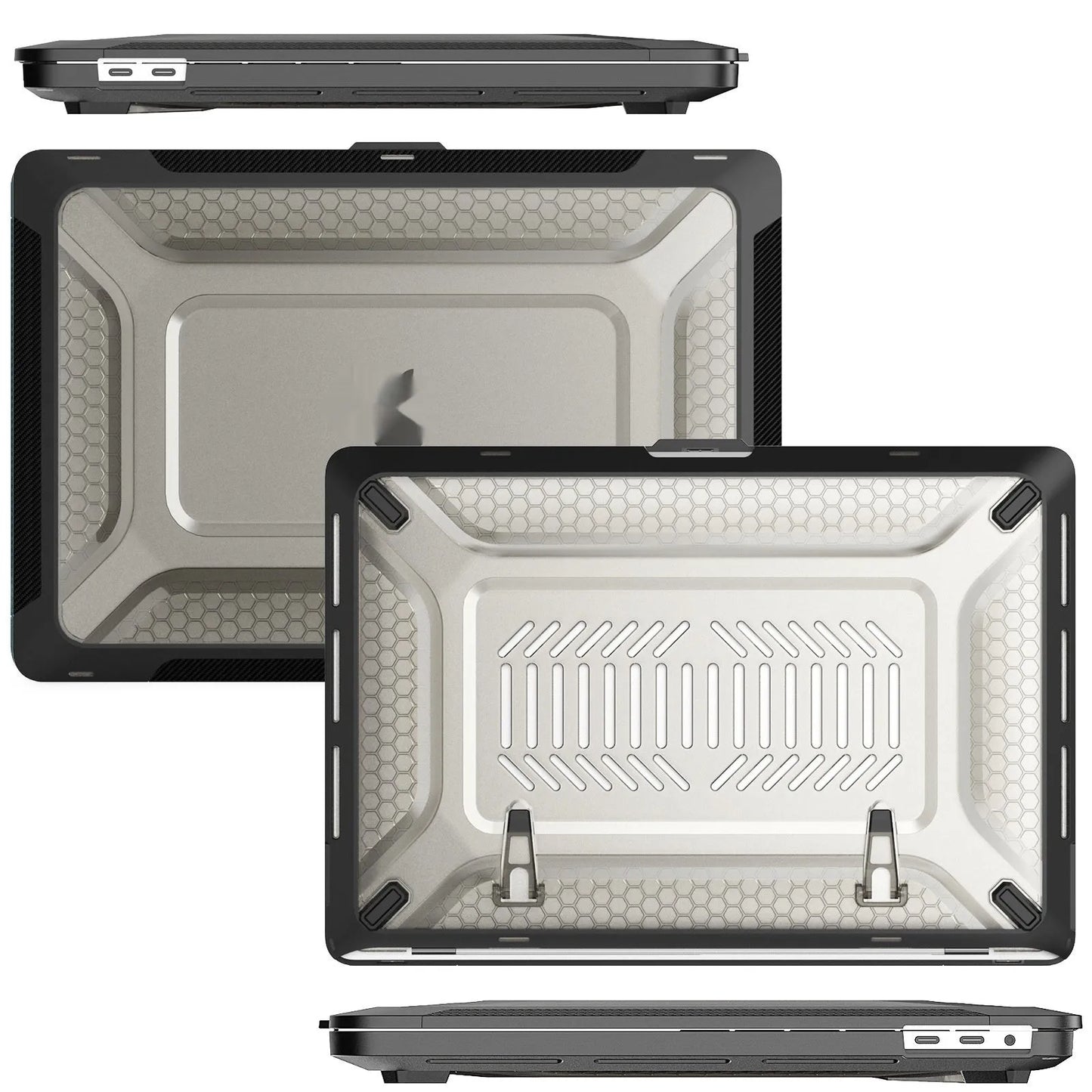 MacBook protective shell in four colours showing 1.5mm thickness and model compatibility