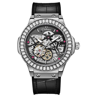 Automatic mechanical men's watch with white shell casing, 16mm thickness, hollow movement visible through dial, diamond studs, business style design