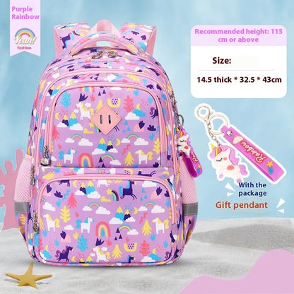 Blue children's dinosaur pattern school backpack with curved straps on a white background