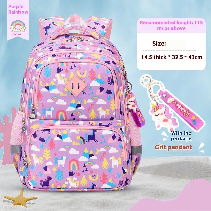 Blue dinosaur print children's school backpack with curved shoulder straps, shown from front and side.