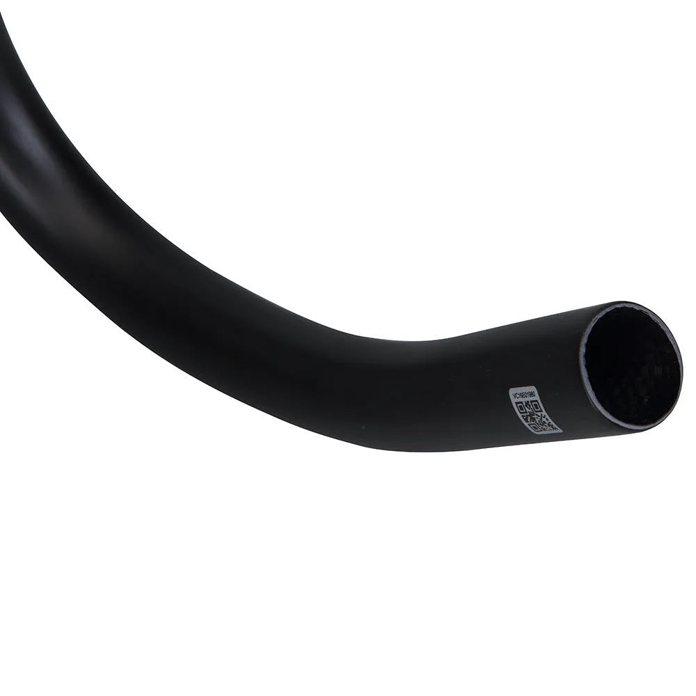 Black carbon fibre road bicycle handlebar showing large-angle outer sweep and 31.8mm clamp area.