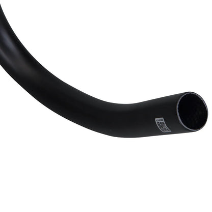 Black carbon fibre road bicycle handlebar showing large-angle outer sweep and 31.8mm clamp area.