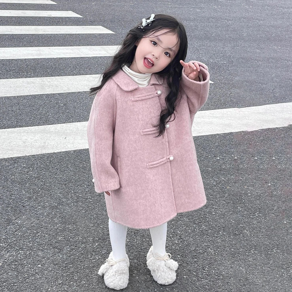 Reversible peach pink woolen coat for girls with Korean style design and cotton fabric