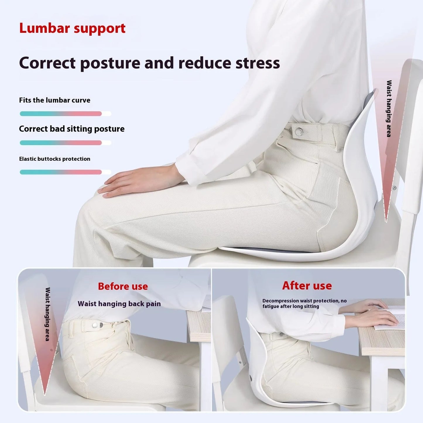 Grey lumbar support cushion on office chair showing 5cm thickness and ergonomic curve for lower back