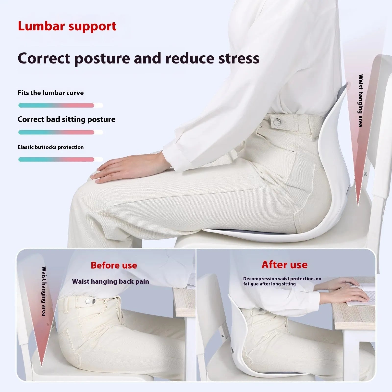 Grey lumbar support cushion on office chair showing 5cm thickness and ergonomic curve for lower back