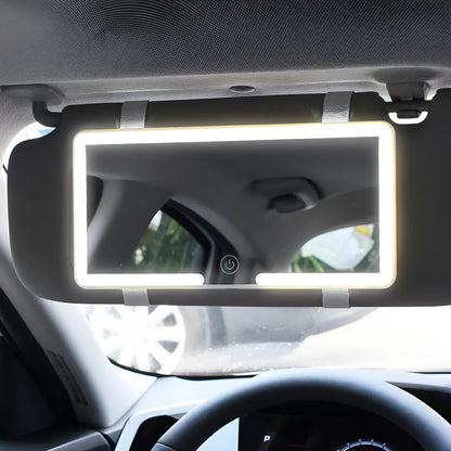 Universal automotive sun visor makeup mirror with LED light and dimming control, 24cm by 11.5cm size.