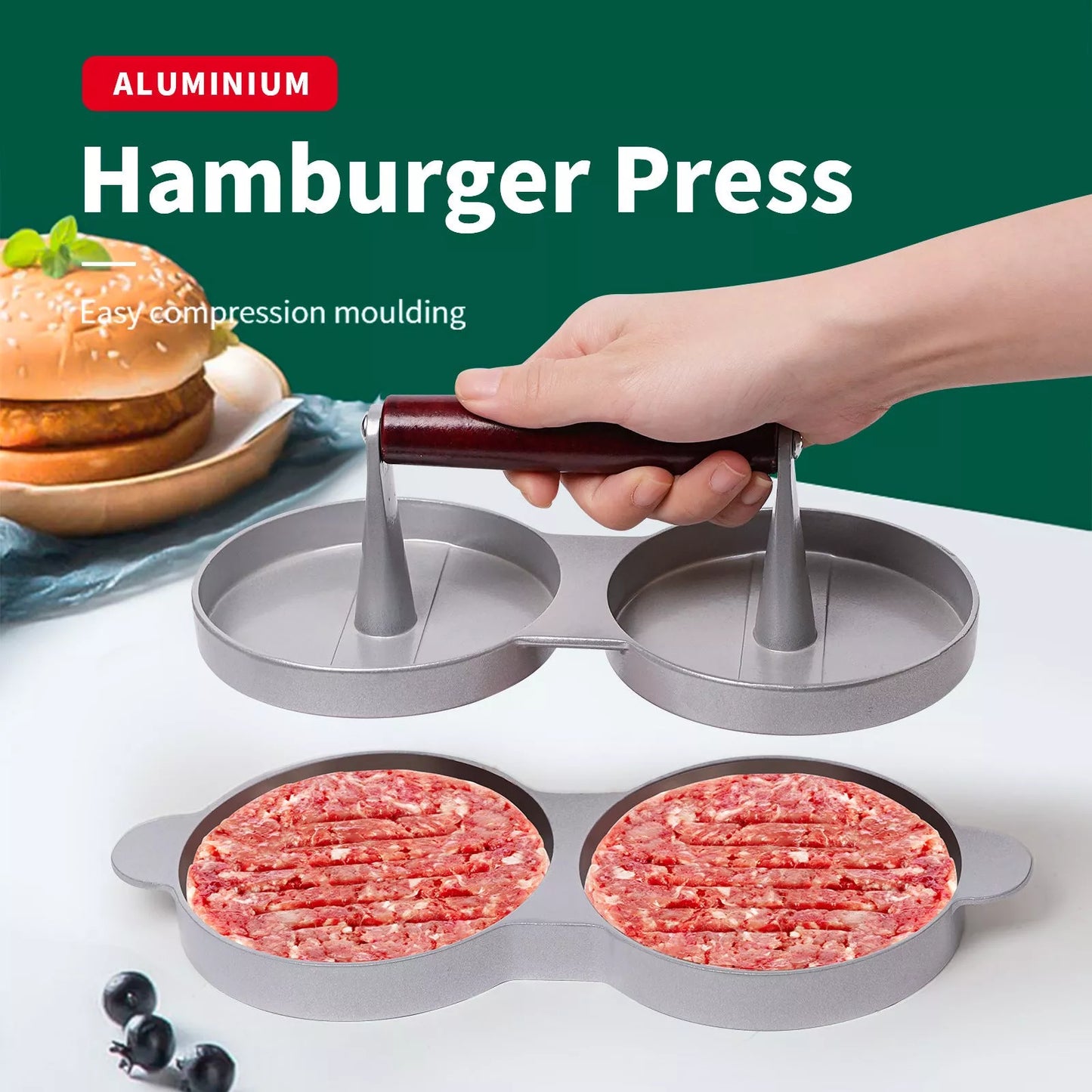 Mini burger press with wood handle for making slider patties, BPA-free aluminum alloy