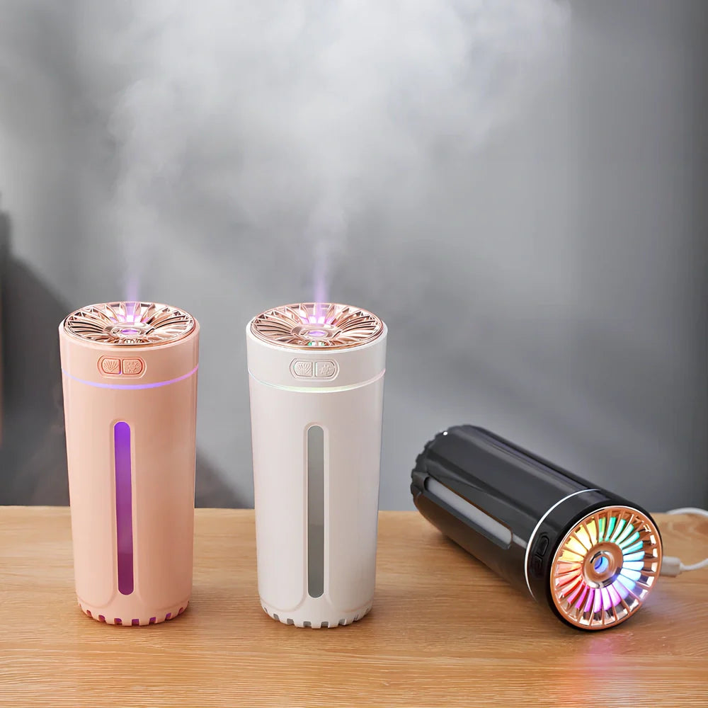 Phantom Cup Air Humidifier in black colour with USB cable, showing compact 69x69x152mm dimensions