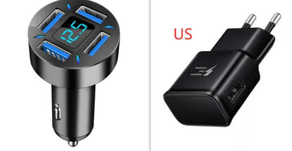 Four-port USB car charger with LED digital display showing voltage, compact black design for vehicle power socket