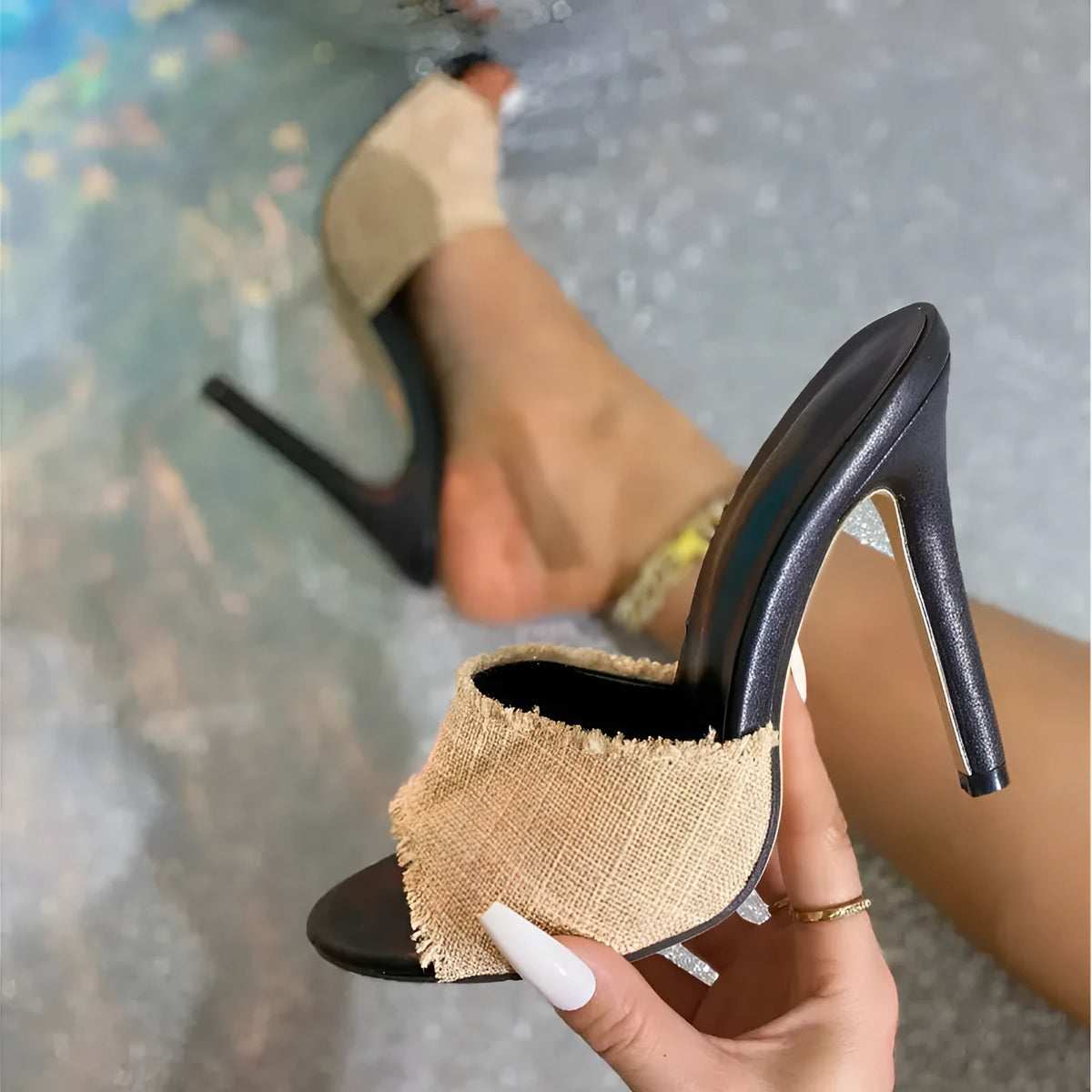 Apricot women's stiletto sandals with separate toe bracket and TPR sole