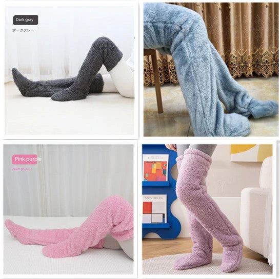Cozy over-the-knee fuzzy socks in various colors, including brown, blue, dark gray, pink, silver, and more. Comfortable cotton design for warm, snug legs.