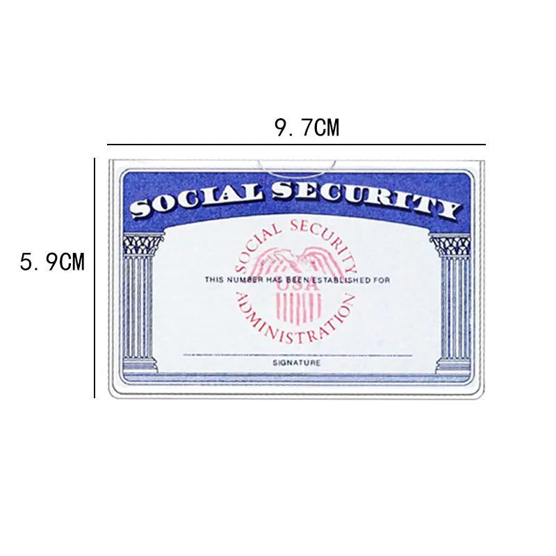 Clear PVC waterproof social security card holder showing size compared to a credit card.