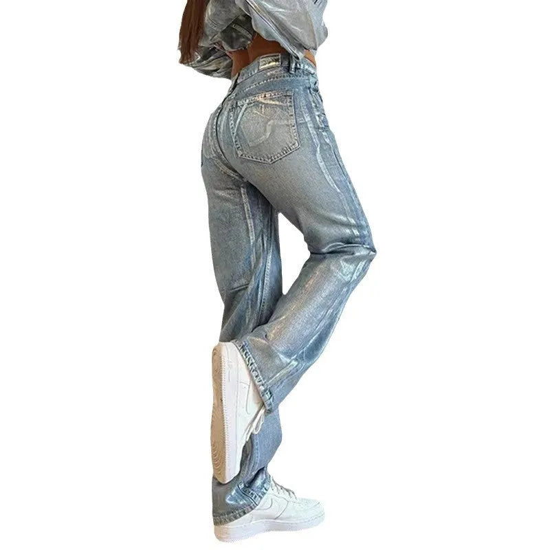 Blue straight-leg high-waist jeans with hot silver contrast detailing on denim fabric