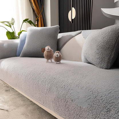 Non-slip lambswool sofa cushion in solid colour with silicone dot backing on flannel fabric