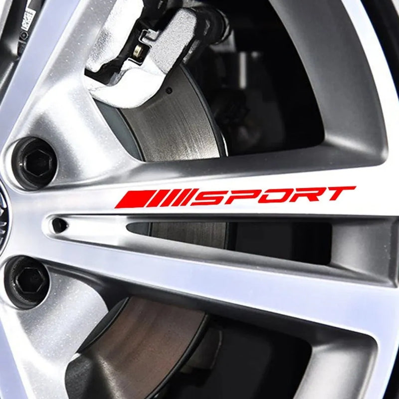 Car rim stickers for vehicle customisation, PET material sports design hollow pattern stickers measuring 10cm by 0.7cm, available in red, black, and white colour options for application to alloy wheels, rearview mirrors, and door handles