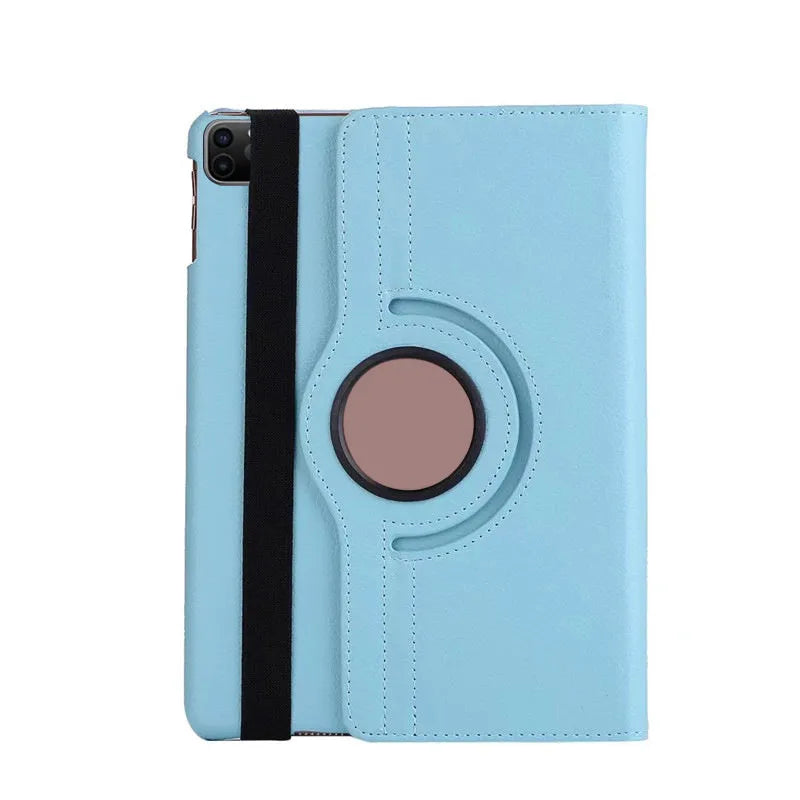 Imitation leather rotating clamshell sleeve case for iPad tablets in multiple colours.