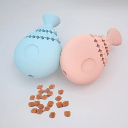 Blue fish bone shaped dog chew toy with treat hole for dental training