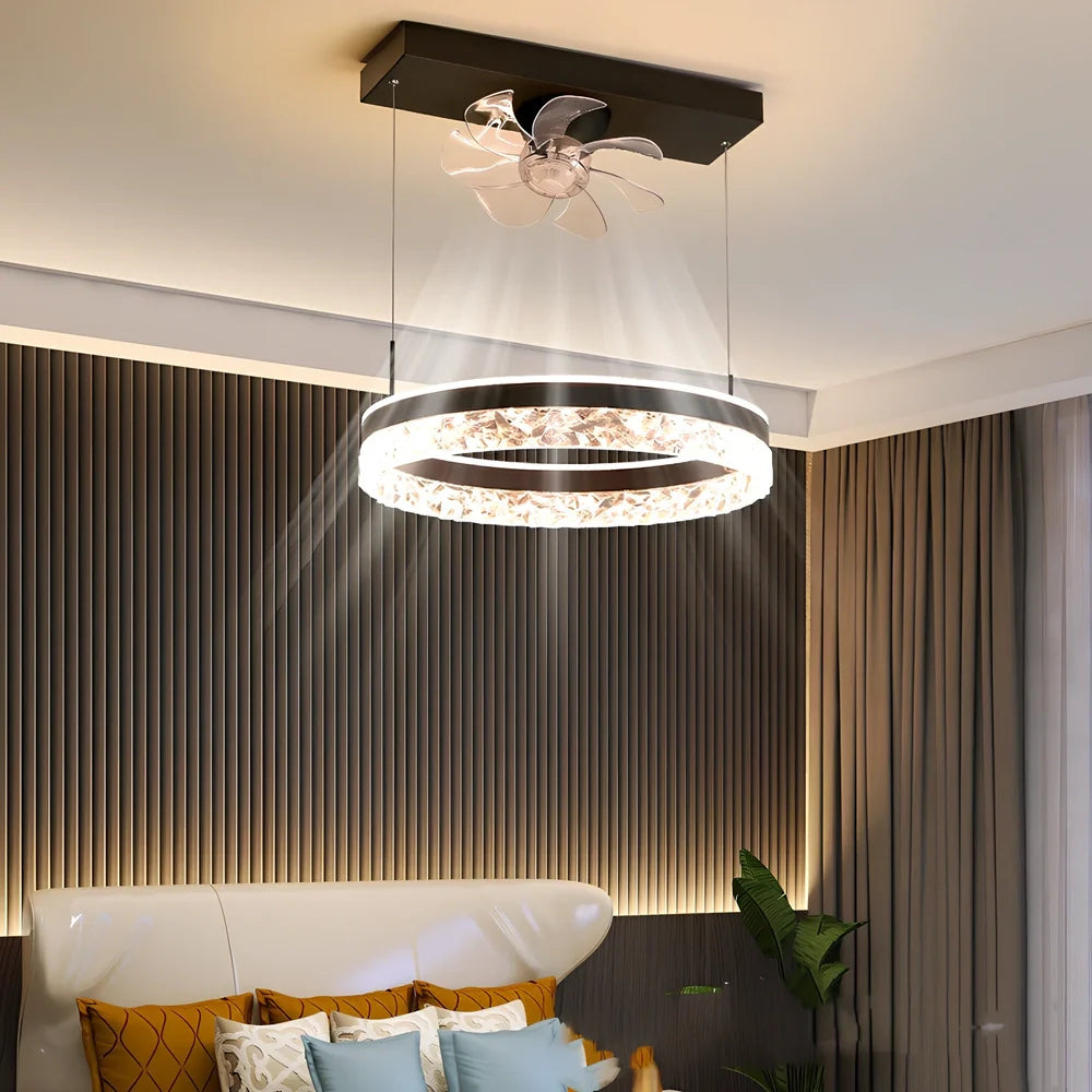 Ceiling fan light with 50cm diameter, integrated LED, and minimalist design in black finish