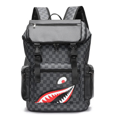 Korean casual checkered printed large capacity backpack in black colour