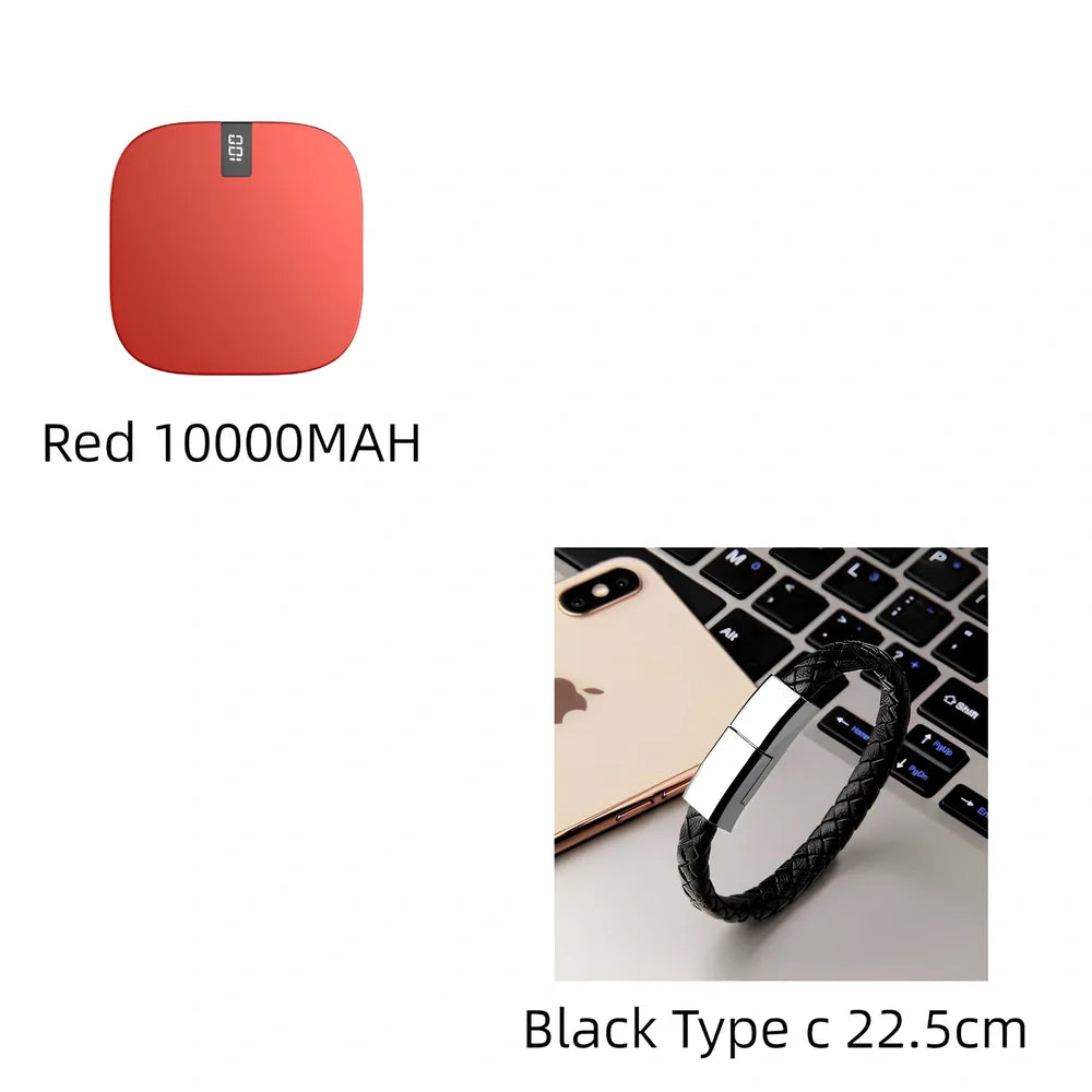Red 10000 mAh mini power bank with digital display showing battery percentage, measuring 90x64x24mm