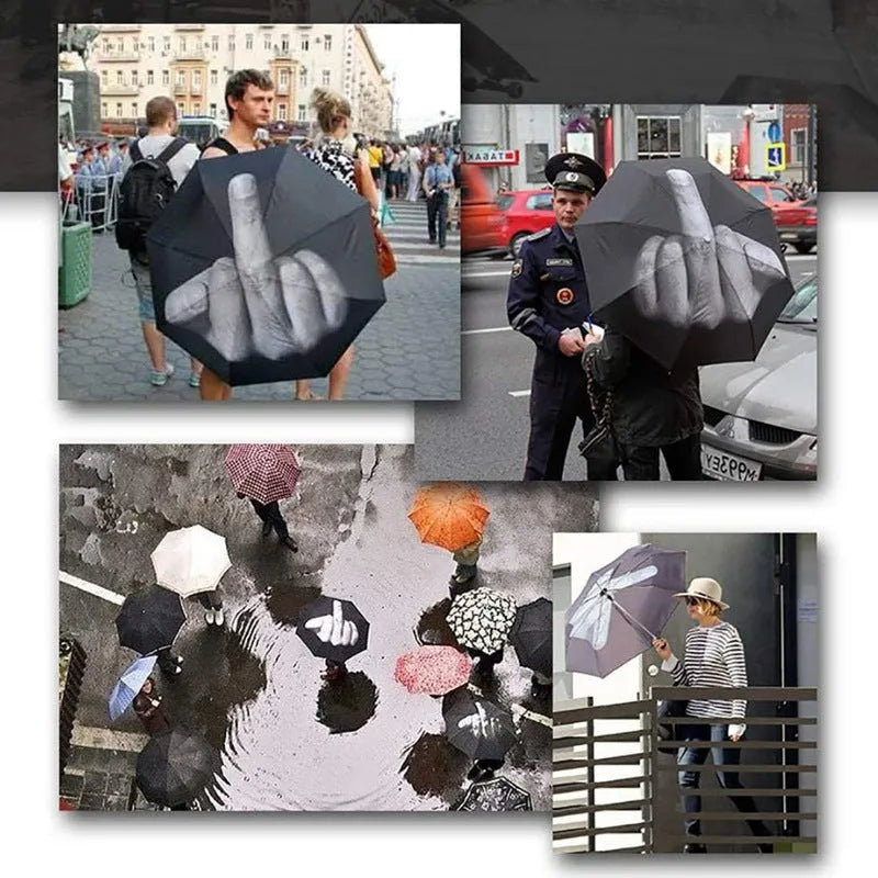 Folding umbrella showing tri-fold design with gesture motif and plastic handle