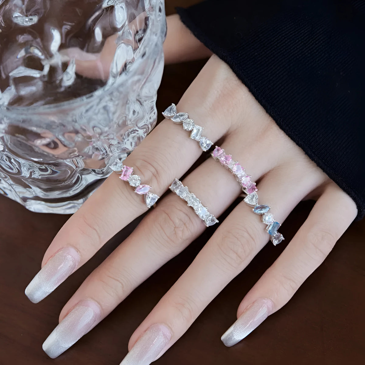 Sterling silver zircon rhinestone ring with adjustable open band in heart, wave, U-shape, drop and geometric designs