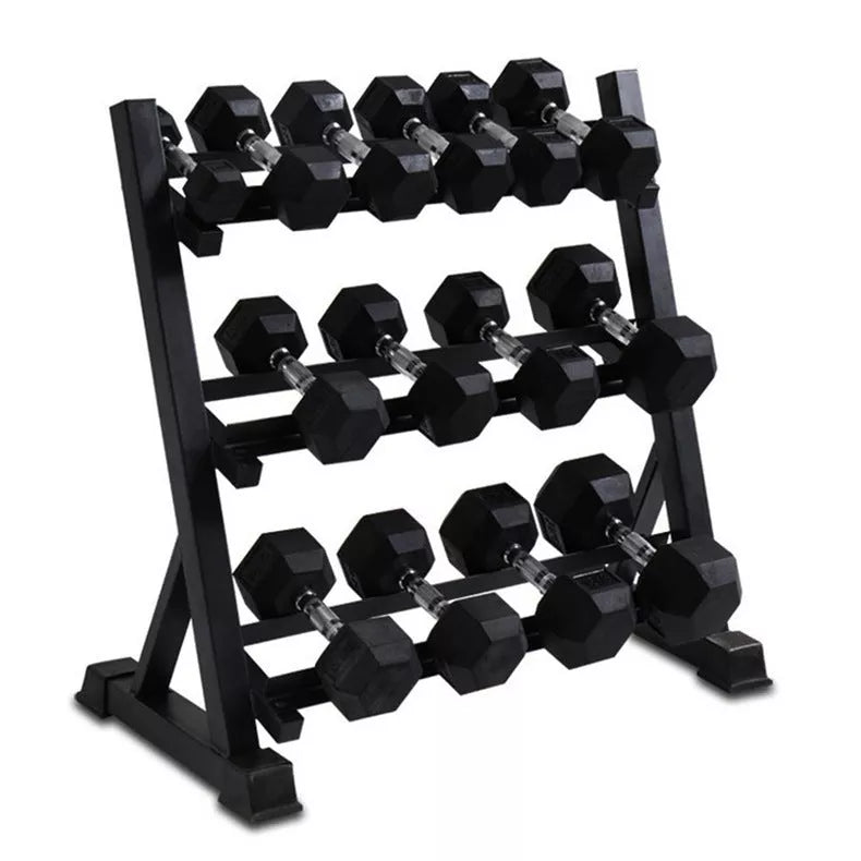 Compact three-layer dumbbell rack for efficient fitness equipment organization