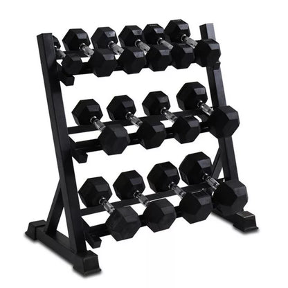 Compact three-layer dumbbell rack for efficient fitness equipment organization
