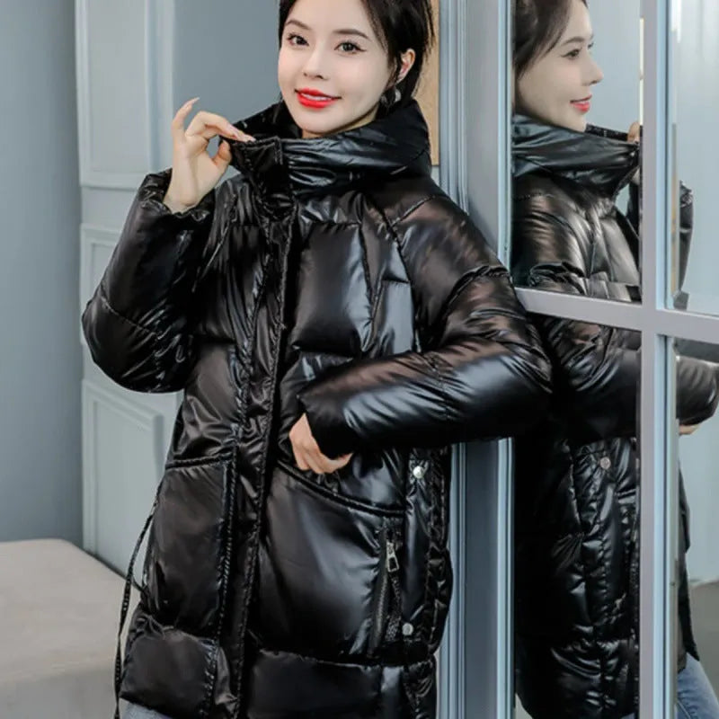 Women's winter hooded down jacket in ultra-thin acrylic fabric, available in four colours and sizes for 40-85kg weight range